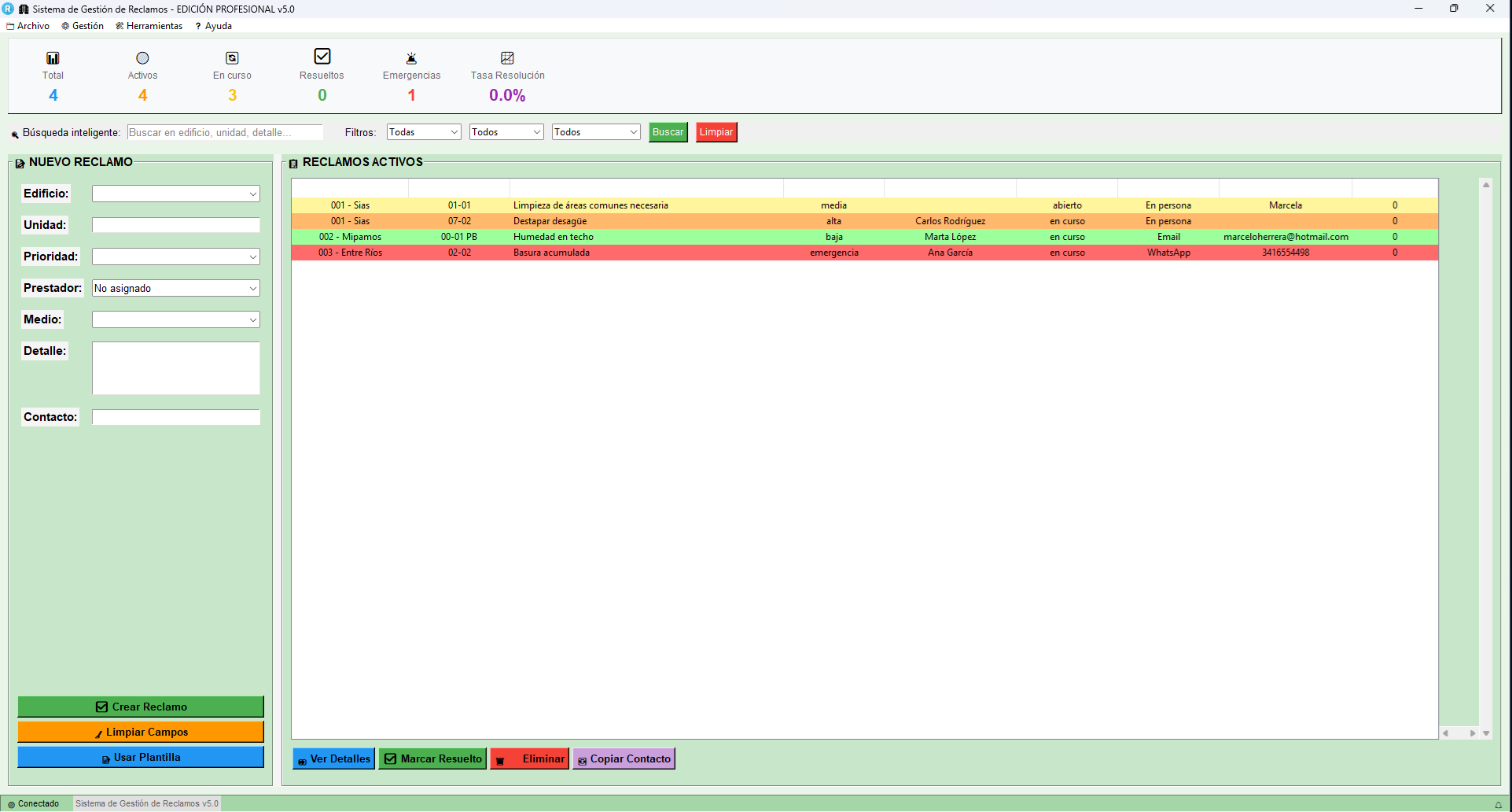 Captura real del Sistema de Gestión de Reclamos